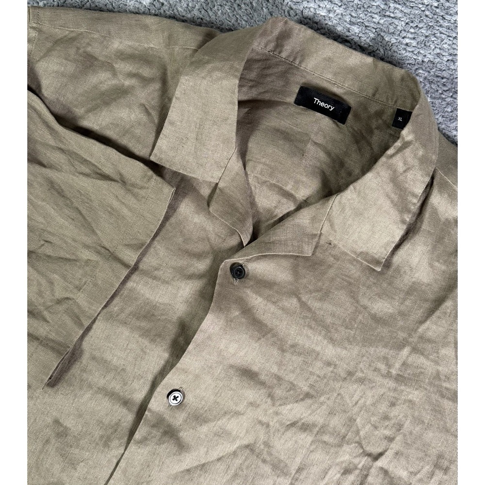 Theory Daze Precise 100% Linen Shirt Men's XL Taupe Short Sleeve Button Up Camp